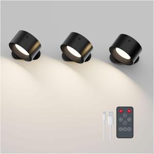 Deyagoo 3PACK Romote LED Wall Sconce - Rechargeable Wall Light, 3 Colors & 3 Brightness Levels, 360 Magnetic Rotating Head, Bedside Reading Lamp, Easy Install Battery Operated Wall Lamp Black