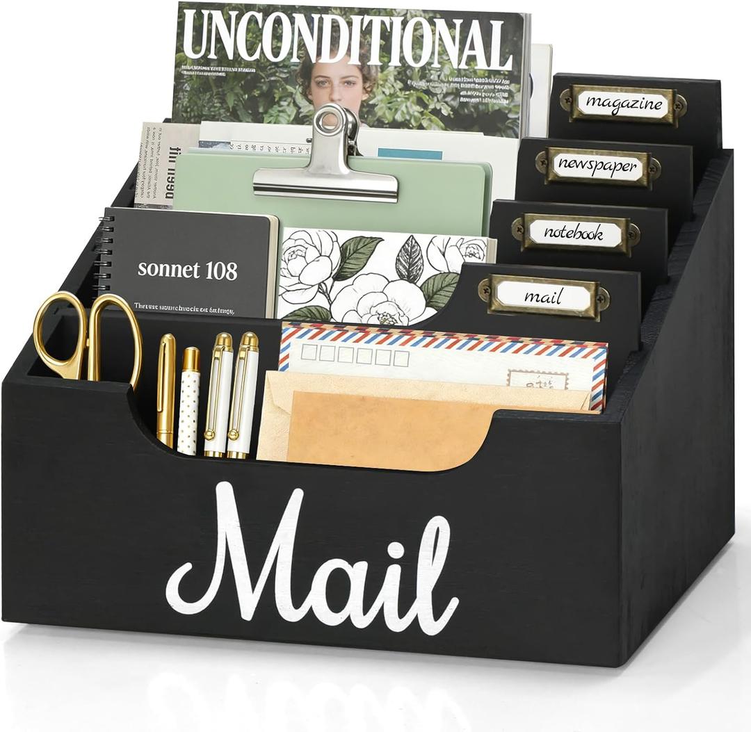 Wood Mail Organizer Countertop, Rustic Mail Holder for Desk with 4 Slots, Mail Sorter for File Paper Folder, Letter Sorter Bill Organizer for Office Home Classroom, Desk Organizers and Accessories