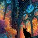 Puzzles for Adults 1000 Pieces, Stained Glass Cat Fantasy Night Moon Scene, Challenging Puzzle Game with Poster, Matte Finish, Interlock Perfectly Frameable Wall Decor Gift