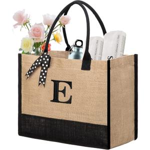 BeeGreen Women Beach Tote Bag with Handles Jute Bag Birthday Gifts Bag for Friends Mother Large Initial Tote Bag for Bridal Shower Unique Bridesmaid Gifts E