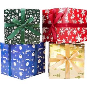 JWSCYSY Assorted Designs Christmas Gift Boxes with Lids, Tissue Papers and Ribbons, Medium Square Gift Boxes  12 Pcs (8.7 Inch), Gift Wrapping Christmas Holiday New Year Presents Party Favor Boxes.