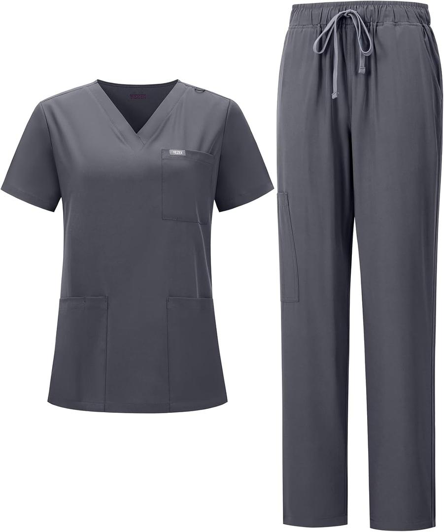 Women's Scrub Set, V-Neck Top & Straight Leg Pants w/ 6 Pockets, Medical Scrubs Top & Pants (Medium, Grey)