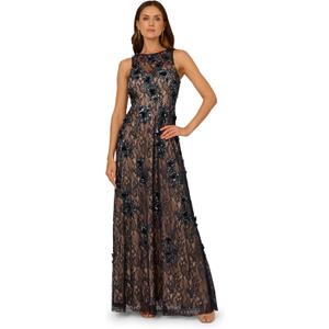 Adrianna Papell Women's Bead Lace Long Dress, Midnight Multi/Nude, 18