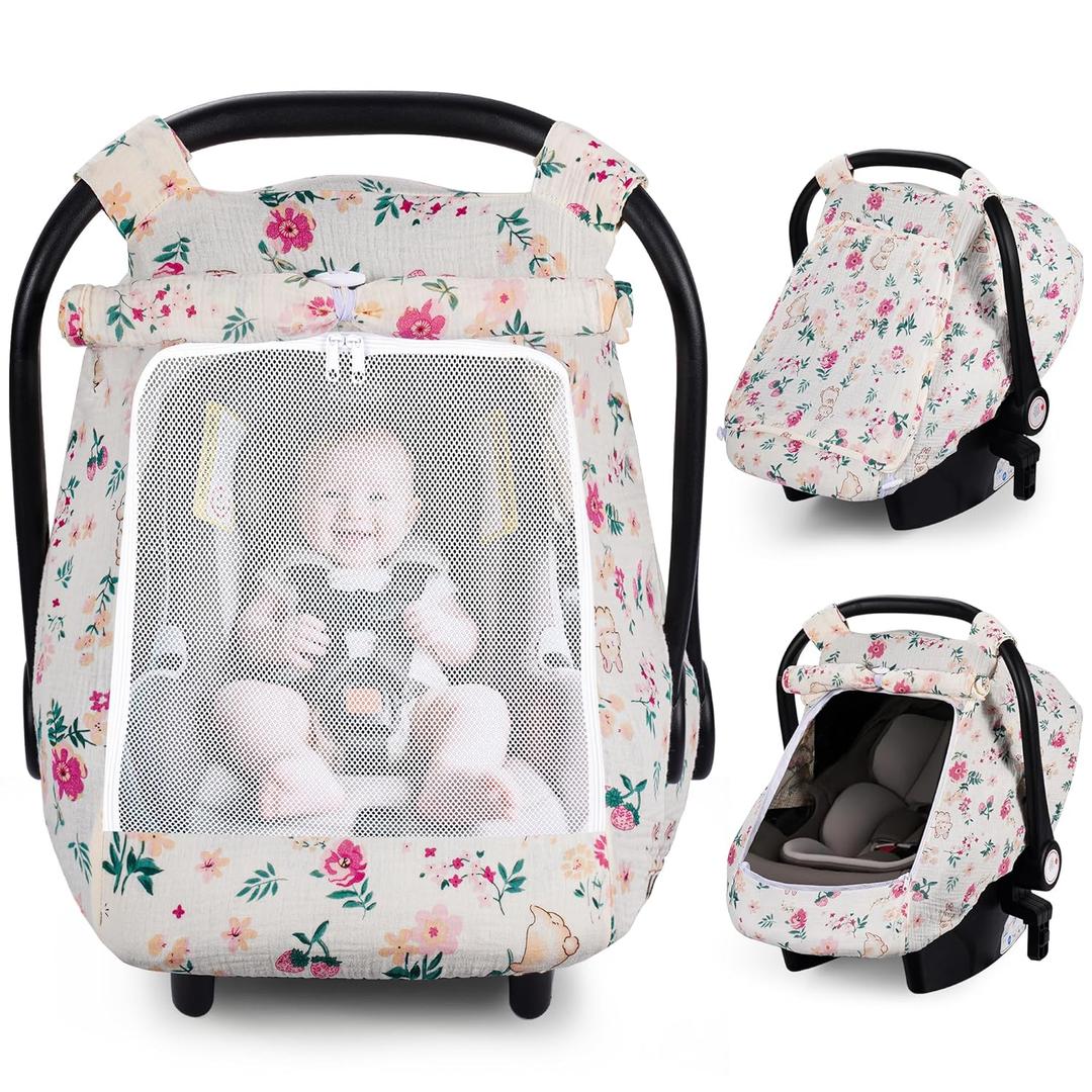 Rquite Muslin Car Seat Cover Baby Girl, Mesh Window Infant Carseat Canopy | Breathable Muslin Cotton, Large Mesh Window, Universal Stroller Sun Shade Windproof Covers for Summer Warm Weather, Rabbit