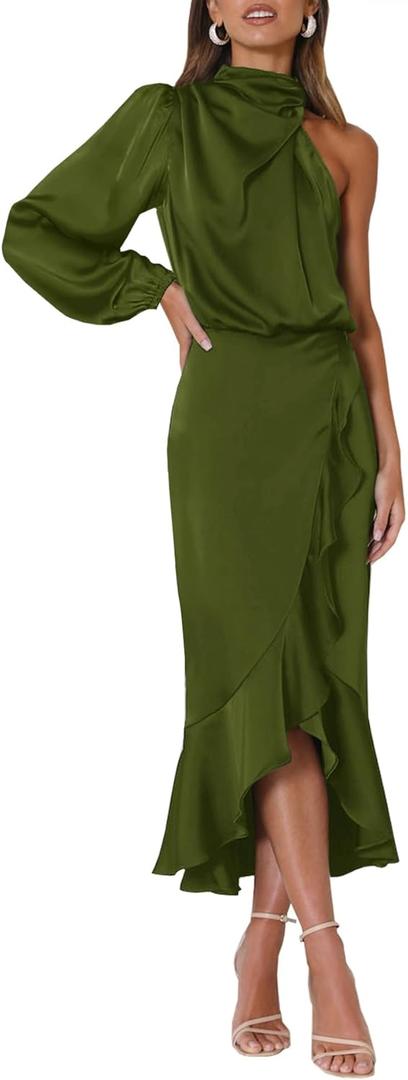 MITILLY Women's Satin Formal One-Shoulder Mock Neck Long Sleeve Bodycon Wrap Mermaid Hem Cocktail Party Maxi Dress Medium Dark Green