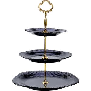 3 Tier Cupcake Stand Ceramic Cake Stand Wedding Dessert Tower, Tiered Serving Tray for Tea Party Afternoon Display Platter (Gold & Black)