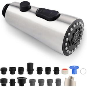 iFealClear Universal Metal Kitchen Faucet Head Replacement, Pull Down Kitchen Sink Faucet Sprayer Head, Compatible with Moen, Delta, American Standard Faucets,15 Adapters, 3 Modes, Brushed Nickel (Brushed Nickel Finished)