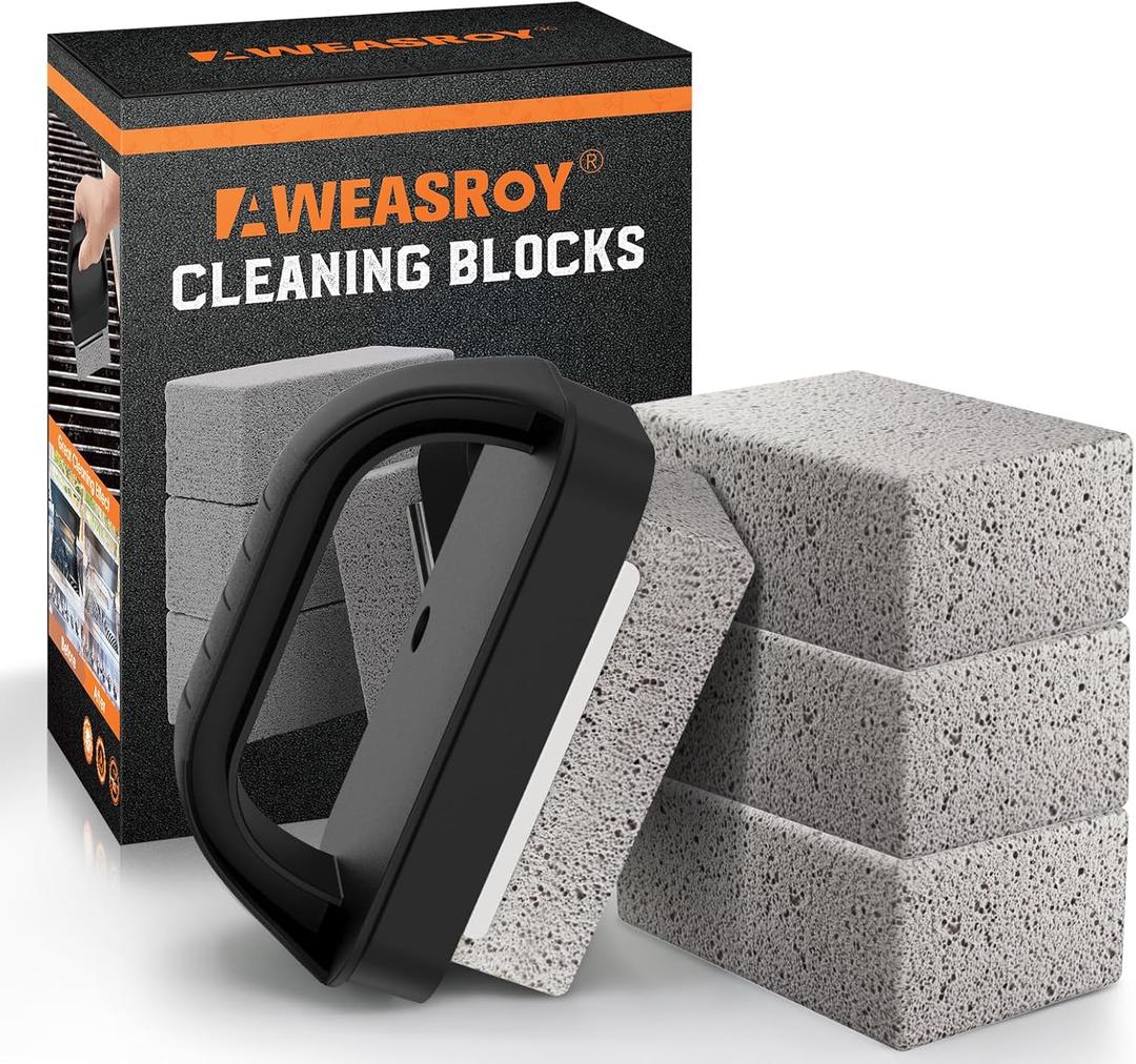 Heavy Duty Grill Cleaner, Grill Cleaning Bricks with Handle, Pumice Griddle Cleaning Stone Removing Stains for BBQ, Swimming Pool, Sink(4 Pack) (Gray)