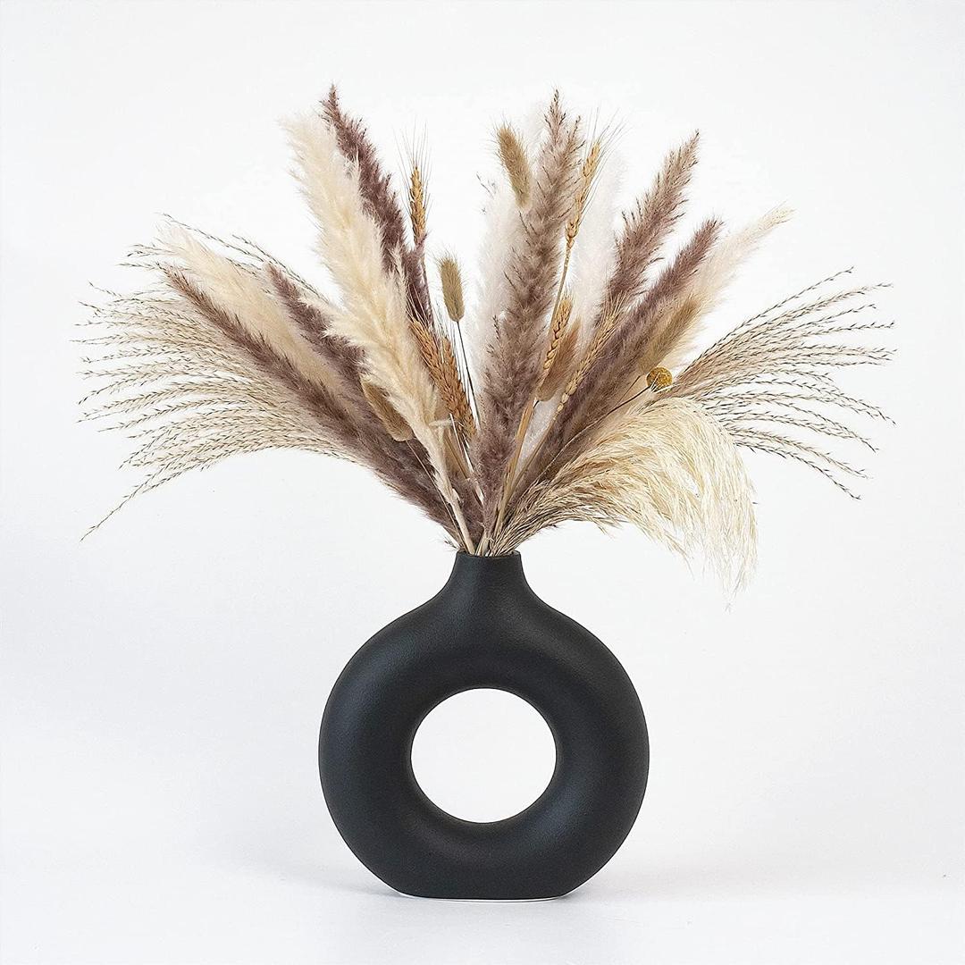 CEMABT Black Donut Vase Hollow Ceramic Vase for Flowers Handmade Minimalist Boho ins Style Modern Home Decor for Wedding Dinner Table Party Living Room Office Bedroom, (Medium)