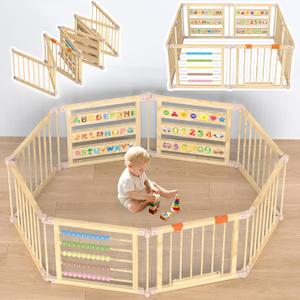 Foldable Wooden Baby Playpen with Gate, Wood Baby Play Pen Play Yard with Educational Abacus, Alphabet Board, Shape Color Board & Child Proof Lock, Wood Playpen for Babies and Toddlers 575723 inch