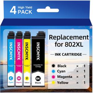 Remanufactured Replacement for 802XL Ink Cartridges for Epson Printer Replacement for Epson 802XL Ink Cartridges for Epson WF-4734 WF-4730 WF-4720 WF-4740 EC-4040 EC-4030 EC-4020 Printer (4 Pack)
