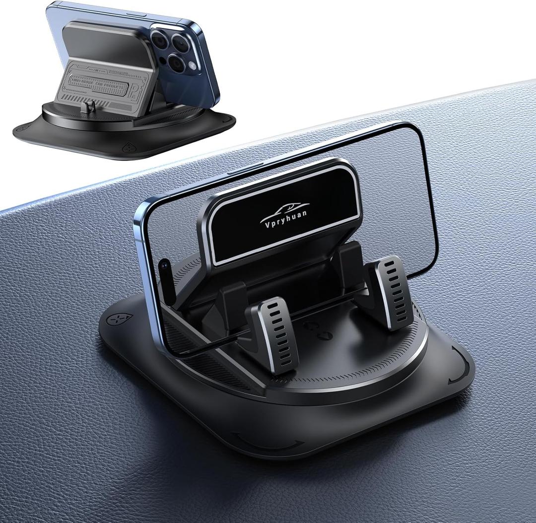 360 Degree Rotation Dashboard Phone Holder for Car, Anti-Slip Grips & One-Hand Operation Car Cell Phone Mount with Adjustable Spring Clip, Compatible with iPhone Samsung All Smartphones