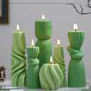 6 Pcs Pillar Candles Modern Aesthetic Ribbed Decorative Candle Set Cute Soy Wax Scented Ribbed Decor for Home(Green,3.39-9.06 Inch)