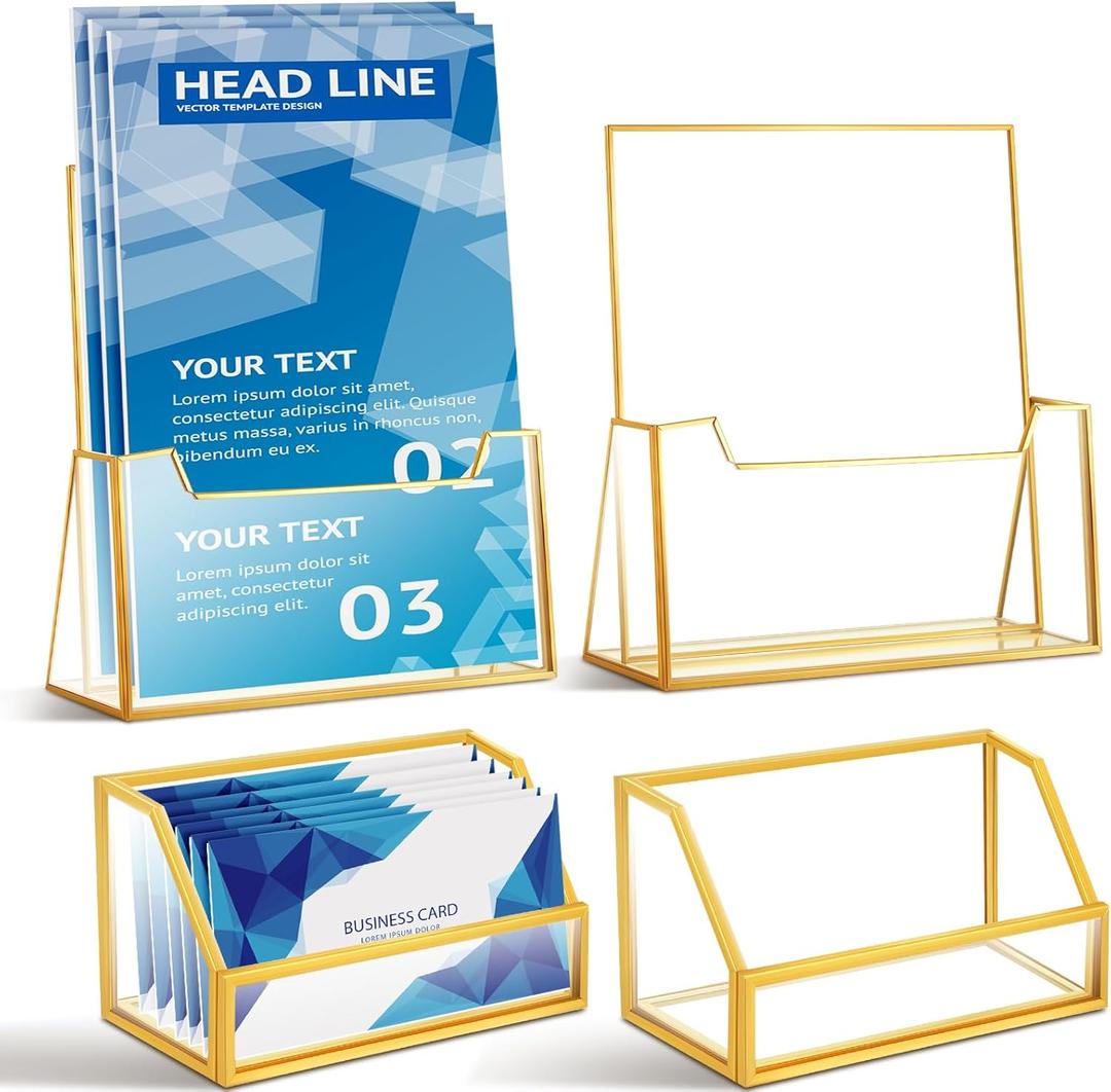 4 Pcs Glass Display Stand Set 2 Gold Glass Brochure Holder Stand 2 Gold Business Card Holder for Office Desktop Countertop Name Card Magazine Literature Journal(8.5 x 11'')