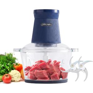 500W Food Processor, Blue Meat Grinder with Glass Bowl 8 Cup, Electric Food Chopper with 2 Sharp Blade Sets for Meat, Fruits, Vegetables, Baby Food, Nuts, 2 Speed