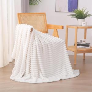 Cream White Fleece Throw Blanket 5060 for Couch Sofa Bed, Super Soft Cozy Plush Microfiber Flannel Blanket with Stripes Design Lightweight for Adults, Woman, Girls