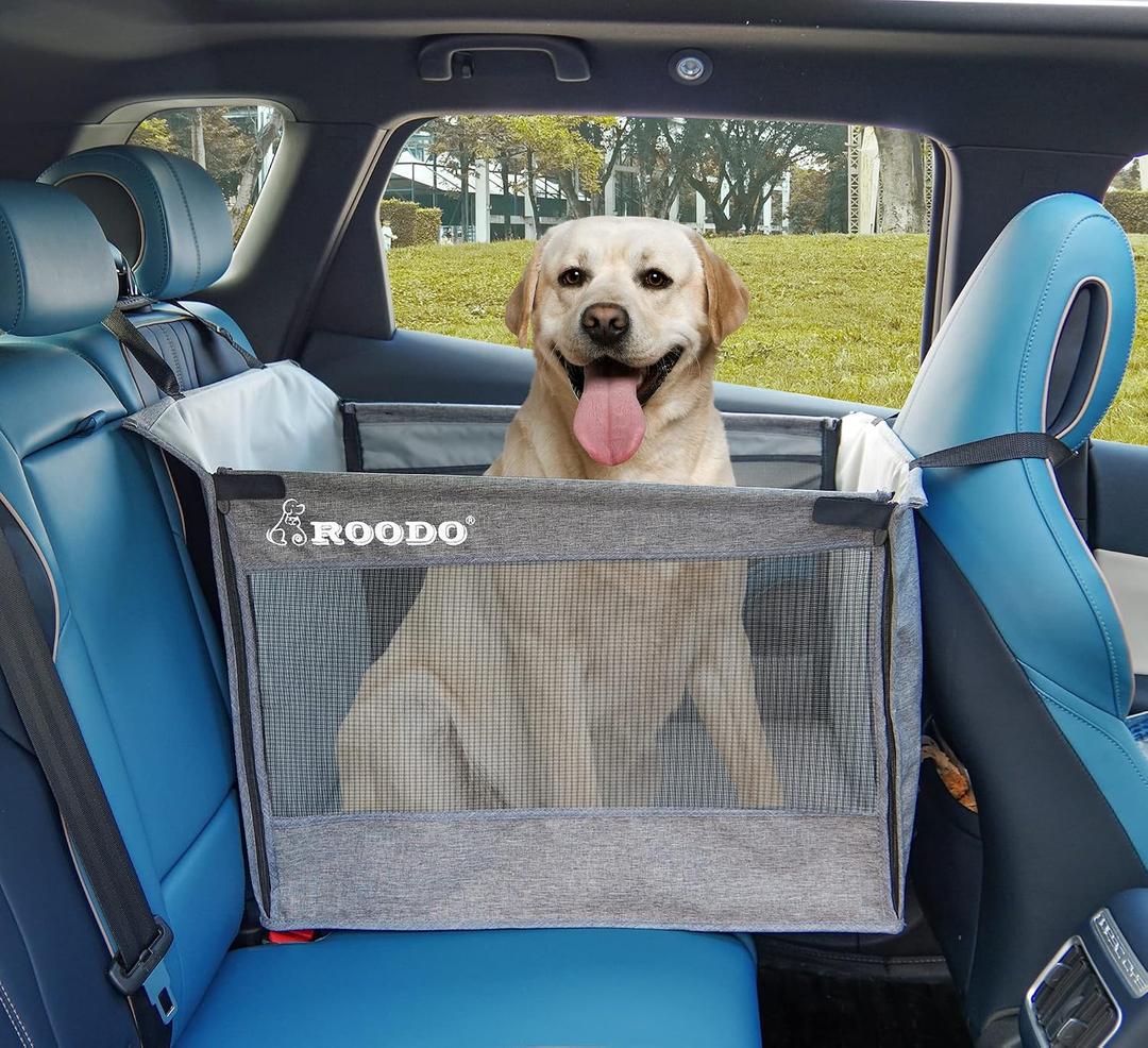 Medium Large Dog Car Seat Waterproof Oxford Cloth Hard Bottom Half seat Breathable Hammock Adjustable Seat Belt and Fixing Strap Pet Car Travel System Easy Storage and Portability(Gray)