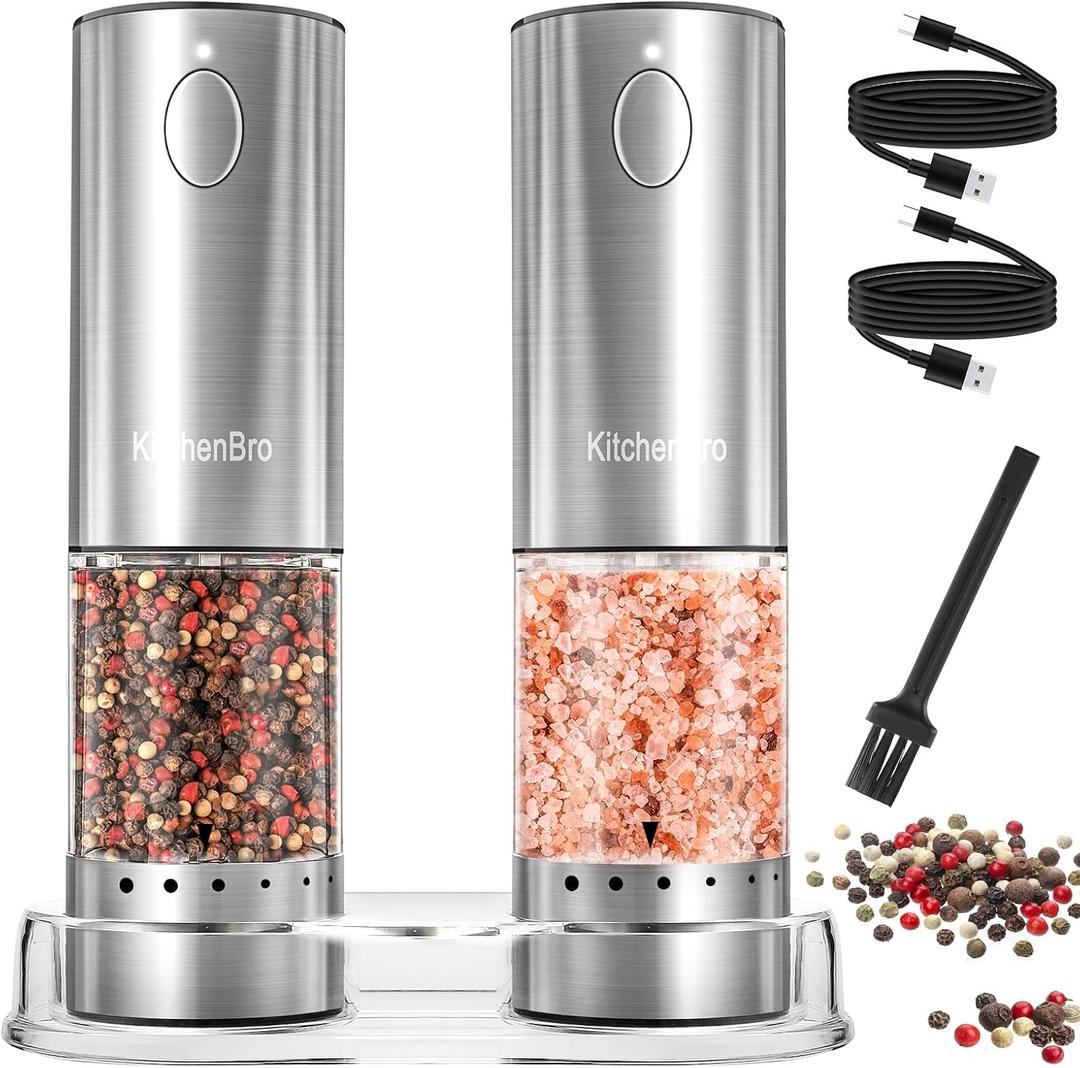 Electric Salt and Pepper Grinder Set 6 Levels Adjustable Coarseness Refillable Stainless Steel Auto Salt and Pepper Grinder Mill Usb Rechargeable with Lights (2 pack, Silver)