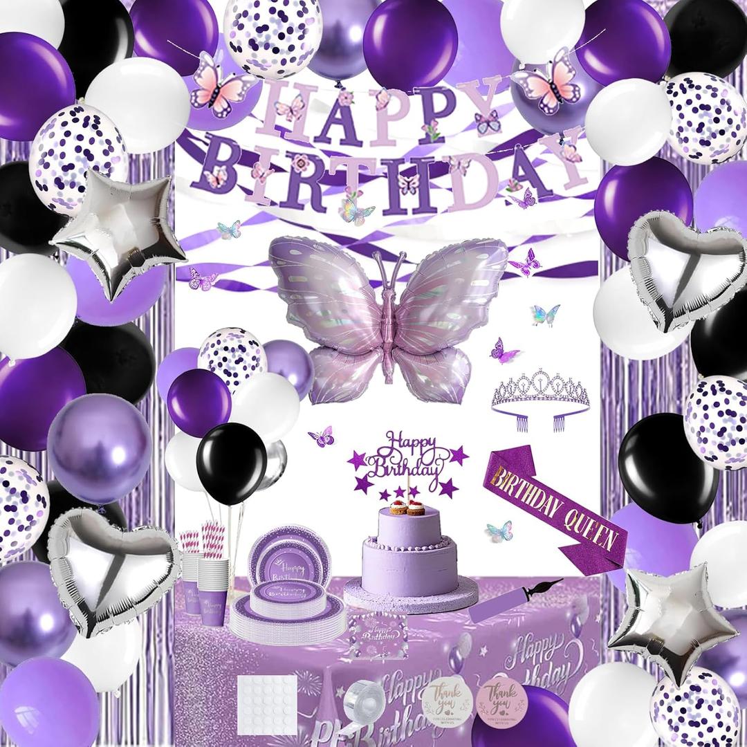 240Pcs Birthday Decorations for Women Girls, Purple Silver Black Party Decorations, Happy Birthday Supplies - Butterfly, Hanging Swirl, Sash, Tiara, Banner, Balloon, Tableware For 16 Guests