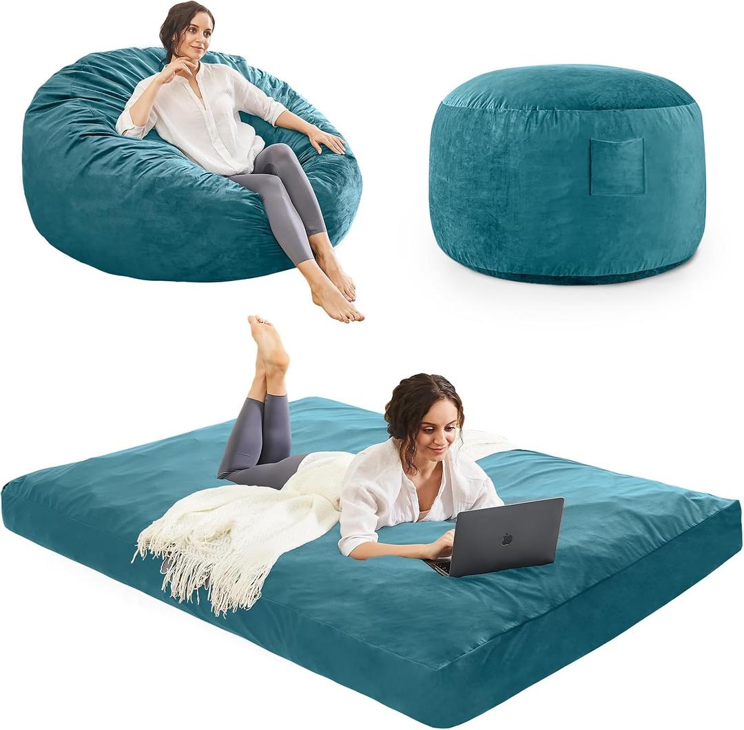 Bean Bag Chairs for Adults - Giant Bean Bag Convertible Floor Sofa
3 IN 1 Lounger Couch Sofa, Memory Foam Filling, Removable Velvet Cover, Machine Washable,Bedroom Living Room, Youth Lake Blue