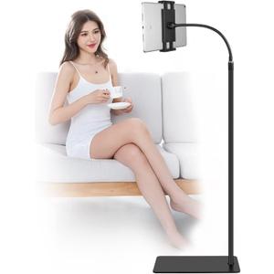 Tablet Floor Stand with Double Weight Base 360-degree Rotatable Metal Tablet Holder with Flexible Gooseneck Holder Long Arm for iPad Mini Air Pro, All Cell Phones iPhone & Tablets (4.5-12.9-inch)