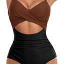Eomenie Women's One Piece Swimsuits Tummy Control Cutout High Waisted Bathing Suit Wrap Tie Back 1 Piece Swimsuit (Large, Caramel, Black)