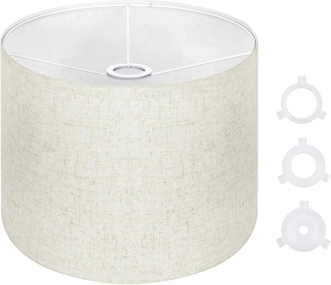 Large Drum Lamp Shades 16" Top X 16" Bottom X 10" High, Seaside village Medium Lampshades White Lampshades Natural Linen Hand Crafted, Easy Assembly Required，Lnclude E26-E14-11mm Adapter Ring