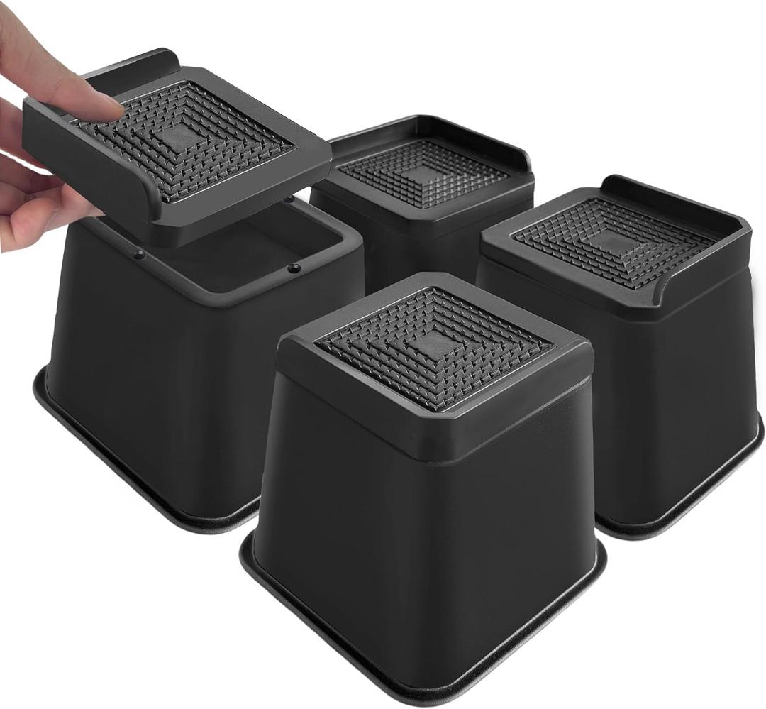 shouwuhho Bed Risers 1 inch, 2 inch, 3 inch, 4 inch, 6 inch, 9 inch Heavy Duty, Oversized Furniture Risers Support up to 5,000 Lbs for Sofa Table Couch Chair Leg Frame Dorm (4 Pack, Black, 4 inch)
