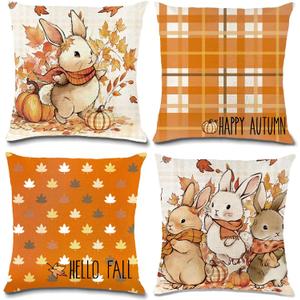 4 Pack Fall Pillow Covers Decoration，18x18in Buffalo Plaid Farmhouse Pumpkin Maple Leaves Thanksgiving Fall Throw Pillows Cushion Case Couch Decor for Autumn Home Outdoor Decorations