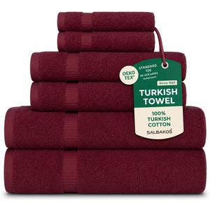 SALBAKOS 100% Turkish Cotton 6-Piece Towel Set | Premium Quality Hotel & Spa Collection | Ultra Soft, Super Absorbent 2 Washcloth, 2 Hand, 2 Bath Towels Sets | Made in Turkey (Wine, 6 Piece Towel Set)