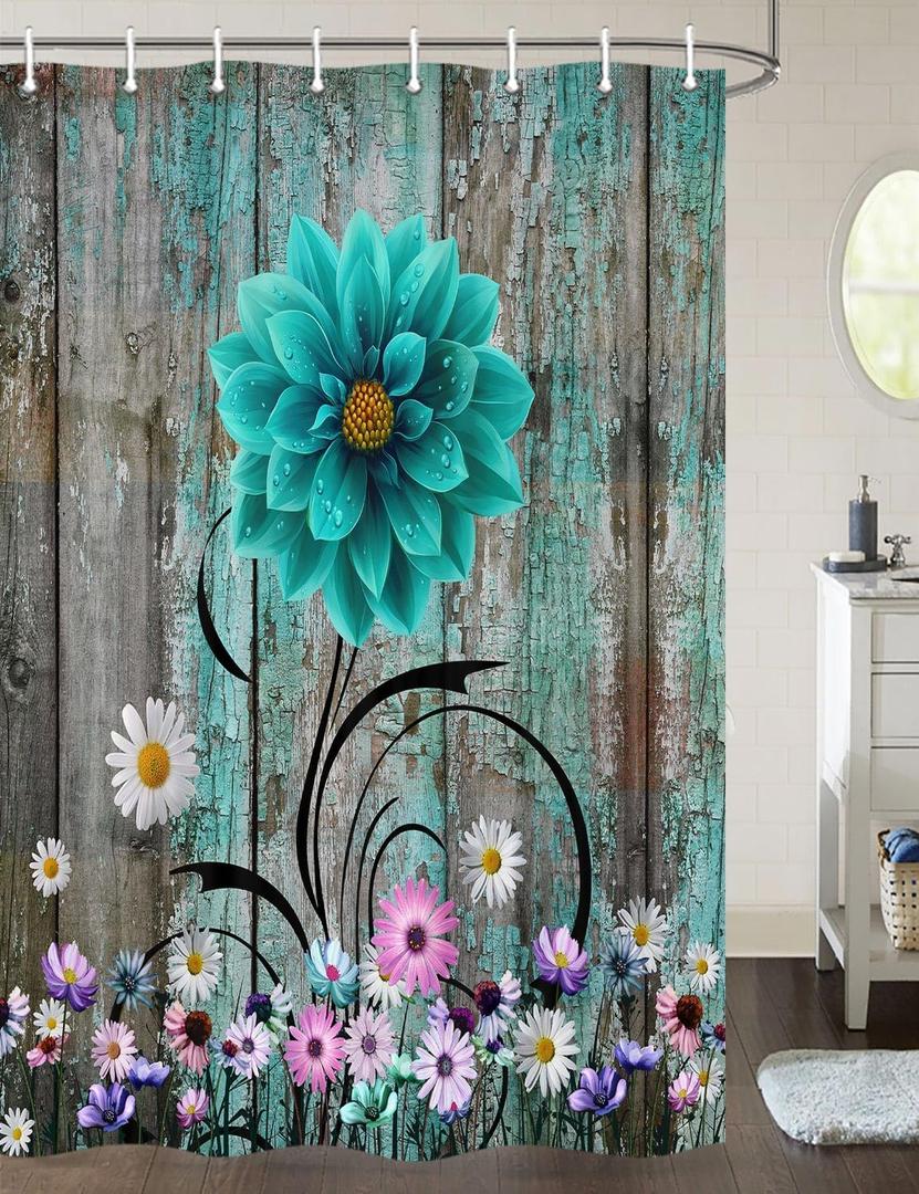 Rustic Farmhouse Daisy Shower Curtain - Spring Daisy Pattern, 47x64 Inch, Teal Wooden Set with Hooks Rustic Farmhouse Daisy Shower Curtain - Spring Daisy Pattern, 47x64 Inch, Teal Wooden Set with Hooks