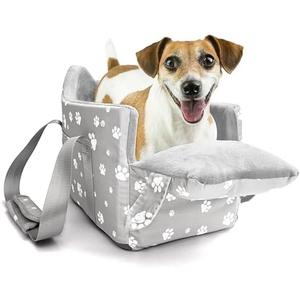 Cullaby Center Console Dog Car Booster Seat for Small Dogs 0-15 lbs - Grey Pet Travel Carrier Safety Leash, Detachable Seat Belt & Storage Pockets