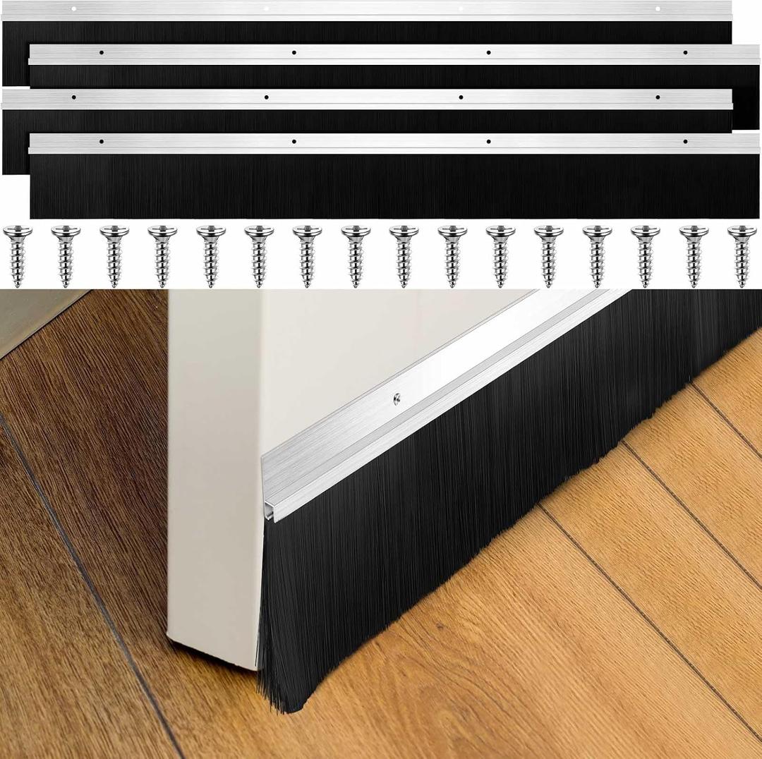 Frienda 2 Set Silver Door Brush Bottom Sweep Brush Weather Stripping Aluminum Door Seal with Screws for Gaps up to 1 Inch, for Home, Commercial Gate, Fill Gaps Dust, Debris (4 x 39.3 Inch)
