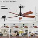 52" Lighted Ceiling Fan, Solid Wood Ceiling Fan, with Remote Control and DC Motor, 5 Blades, Suitable for Living Rooms, Bedrooms, Farmhouses, Hallways, Indoor and Outdoor Ceiling Fans - Black + Walnut
