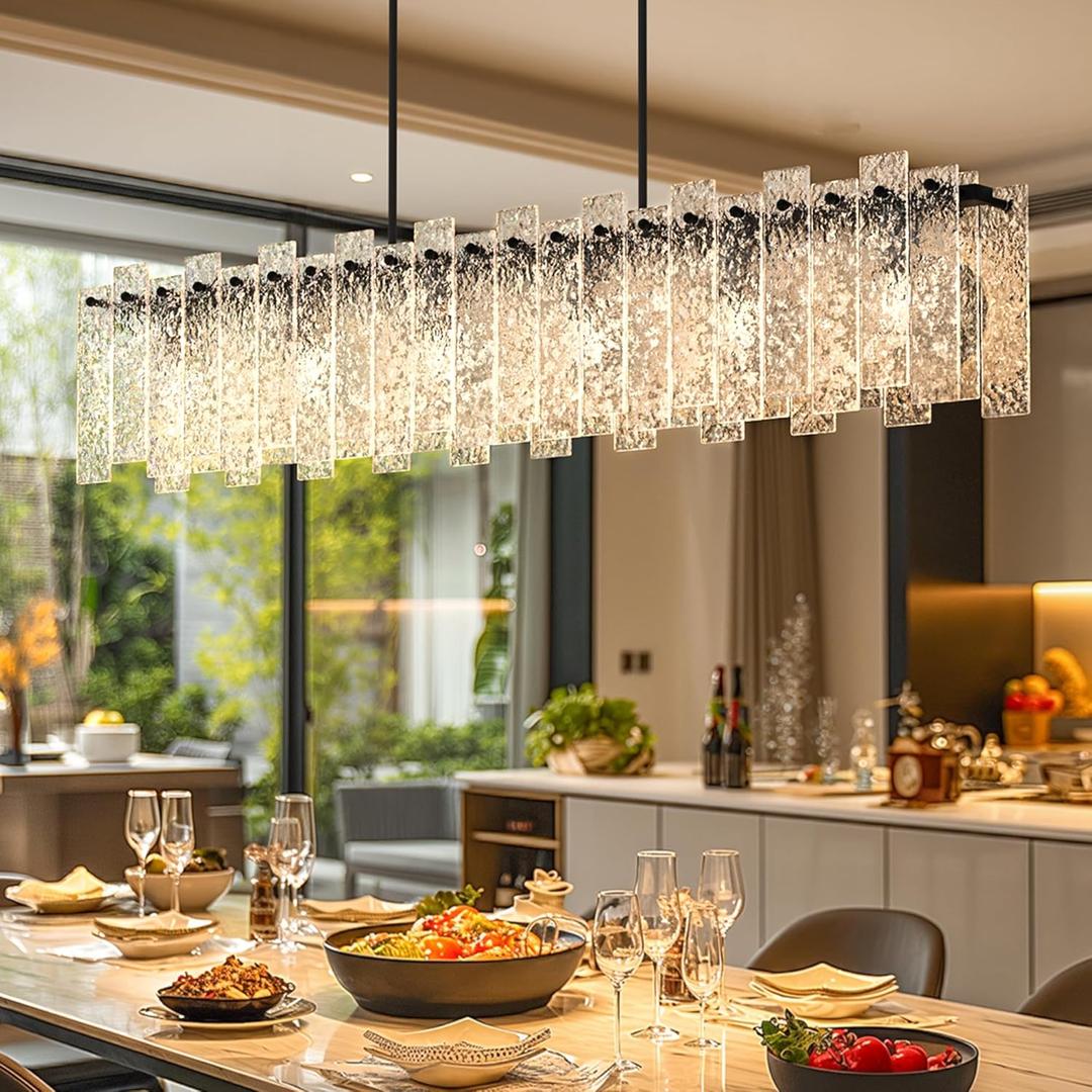 4FT Long Chandelier for Dining Room - Black Dining Room Light Fixture Linear Crystal Design with Water Ripple Glass & Large Rectangle & 6pcs MAX 60W E26 Bulbs(Not Include),42pcs Glass Sheet (Up and Down (Two sides))