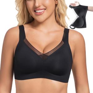 PRETTYWELL Wireless Bras for Women Molded Cup Comfort Push up Bra V Mesh Seamless Full Coverage No Underwire Bra A to D Cup (XL)