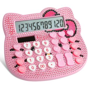 Cute Rhinestones Calculator with 12-Digit LCD Display,Dual Drive by Solar Energy and Battery for Girls and Women (Pink+Rhinestones)