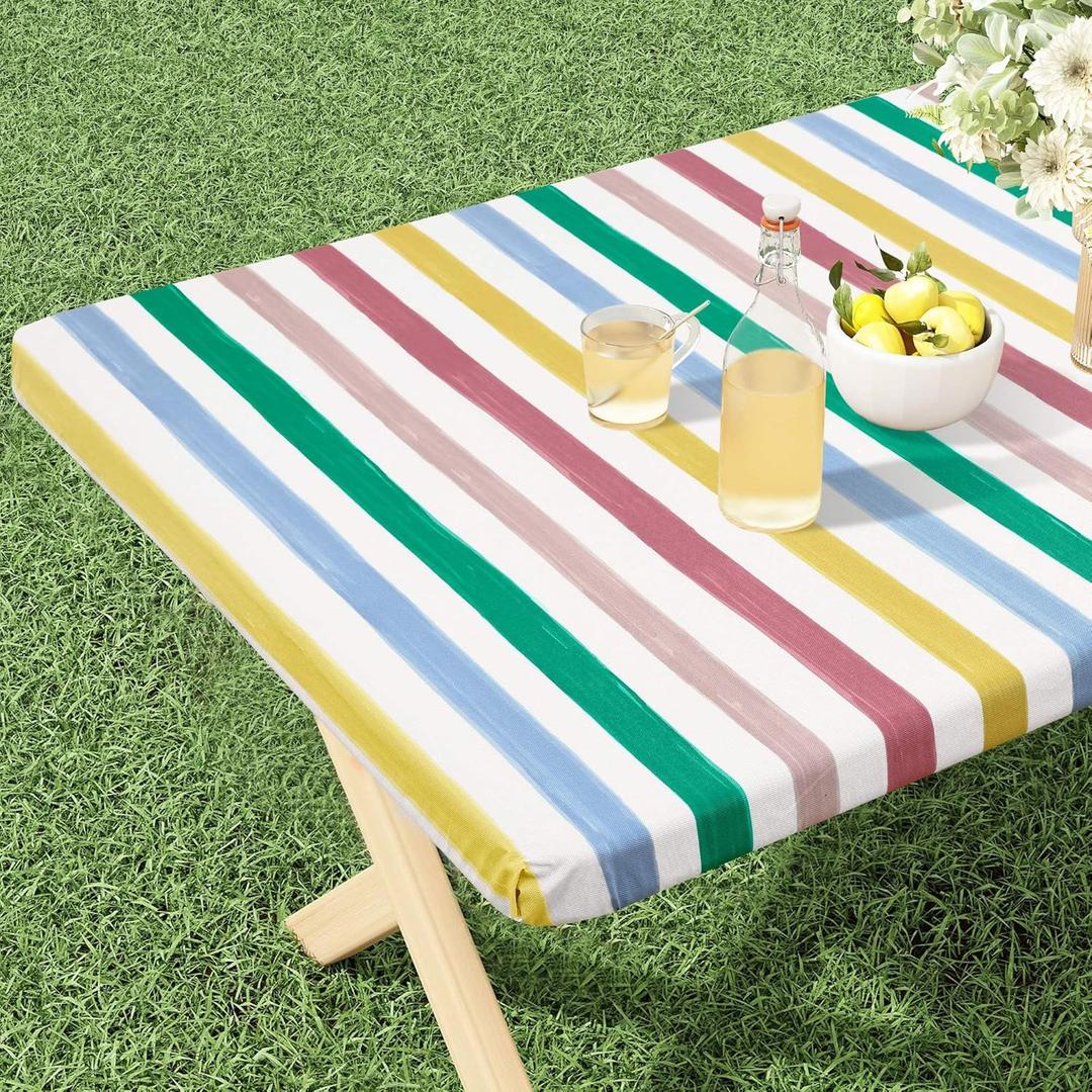 misaya Rectangle Vinyl Tablecloth, Fitted Table Cover, Waterproof Elastic Edge, Flannel Backing Plastic Tablecloth Fit 8 Foot Folding Tables for Picnic, Camping, Outdoor (Colorful Stripes, 30x96 inch)