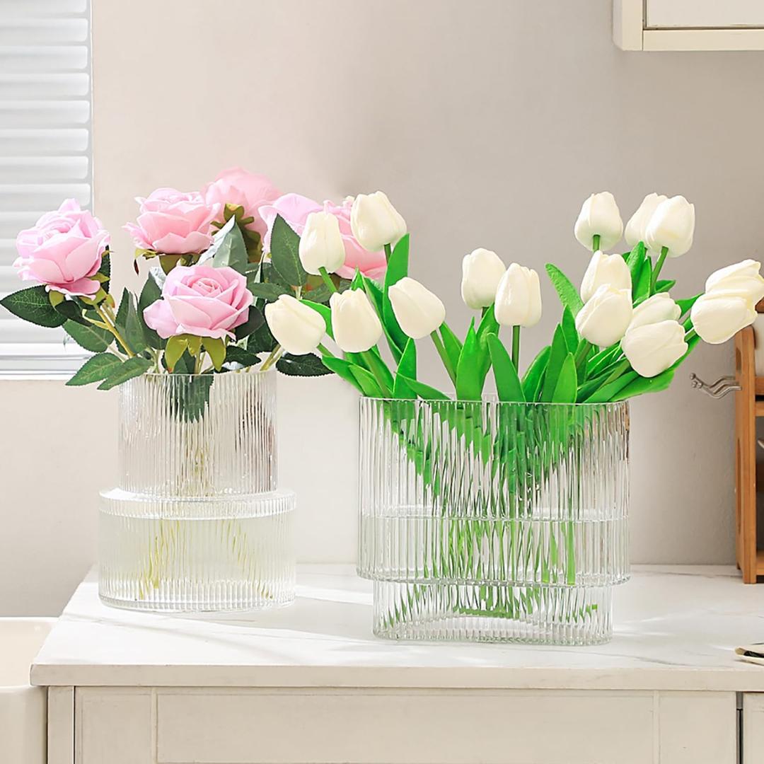 Ribbed Glass Vases, Set of 2 Fluted Vases for Flowers, Clear Vase for Tulips, Modern Glass Vase for Living Room, Dining Table, Office, Entryway, Mantle, Bookshelf, Wedding Gifts (Large+Oval)