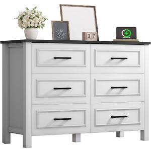 YITAHOME 6-Drawer Dresser with Built-in Power Outlet, Wood TV Stand with 6 Large Drawers & Bar Handles, Dresser Chest of Drawers for Entryway Living Room Hallway, White & Black