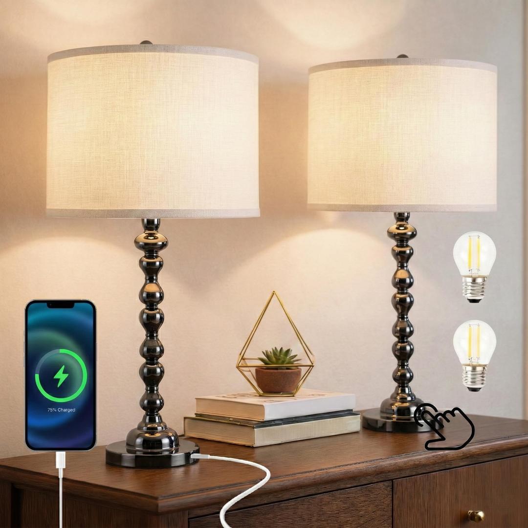 ARGO-HOME Modern Gourd Table Lamps Set of 2, Touch Control Bedside Lamp for Nightstand with USB Ports, 3-Way Dimmable Nightstand Lamps for Living Room Bedroom Table, Gold