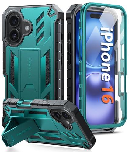 FNTCASE for iPhone 16 Phone Case: for iPhone 16 case with Kickstand Shockproof Military Grade Protective Cover - Dual Layer Full Protection Sturdy Matte Textured Drop Proof - 6.1 Inch Green