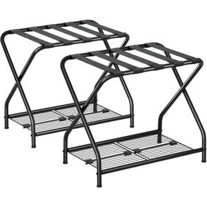 Luggage Rack, Set of 2, Suitcase Stand with Storage Shelf, Foldable Metal Luggage Holder for Guest Room, Bedroom, Hotel LR-BK-2 (Black)