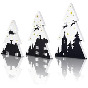3 Pcs Wooden Christmas Trees Tabletop Decorations Black White Xmas Tiered Tray Decor Rustic Xmas Tree Table Signs for Home Office Christmas Party Centerpieces