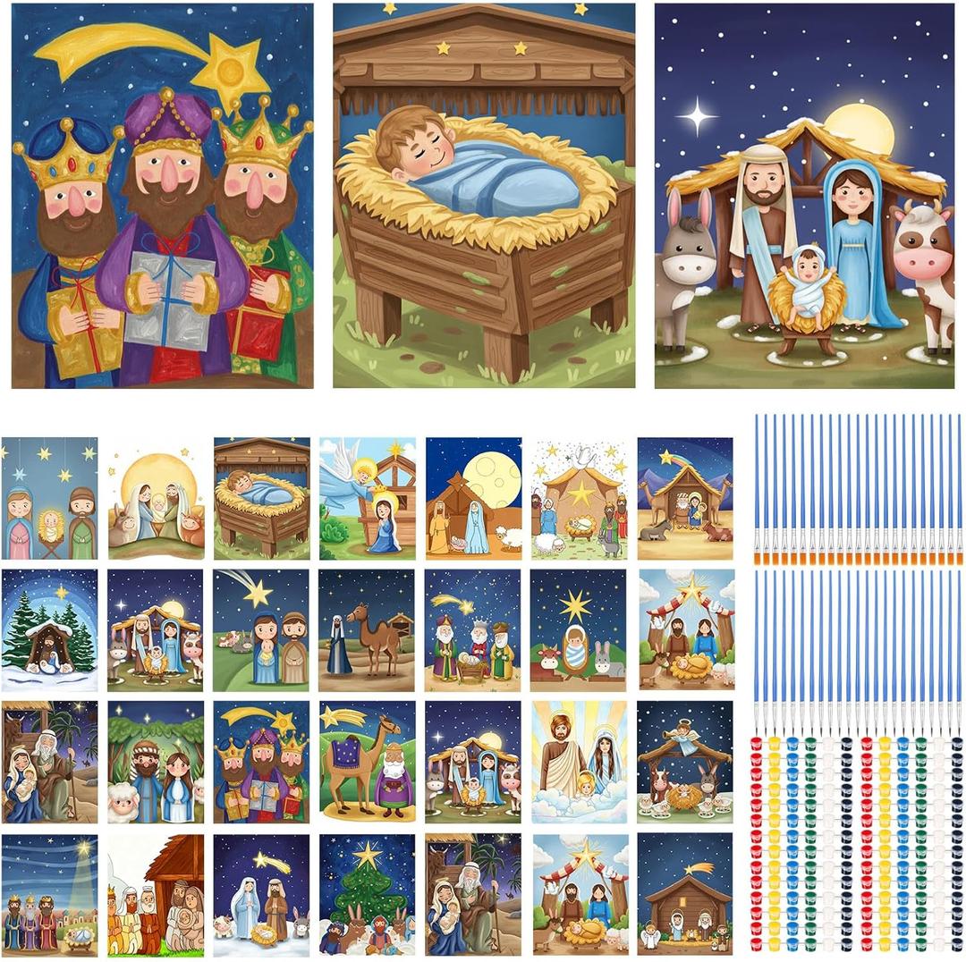 Affrolling 28 Set Nativity Scene Pre Drawn Canvas for Painting Jesus Pre Printed Stretched Canvas with Paints and Brushes for Kids Adults Christian Painting DIY Christmas Party Gift(8 x 10 Inch)