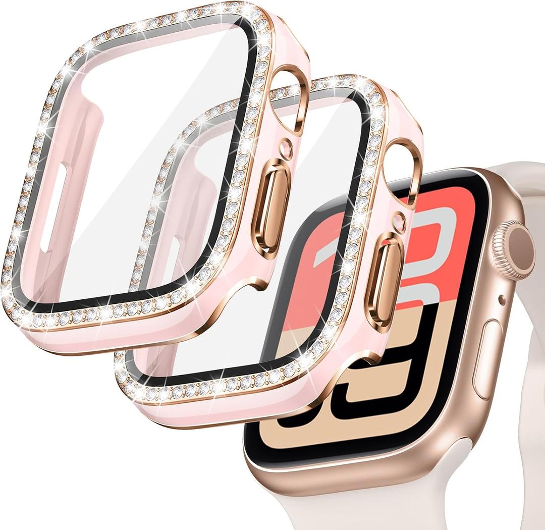 Goton 2-Pack Bling Case for Apple Watch Screen Protector 44mm SE 3/2/1, Series 6 5 4, Women Glitter Diamond Rhinestone Bumper Face Cover for iWatch Accessories 44 mm (Pink+Pink)