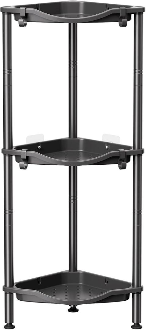 Lifewit Floor Standing Shower Caddy Corner, 3 Tier Plastic Shower Stand Rack with Adjustable Feet and Hooks, Rustproof Bathroom Shelf Organizer, Black, 34 x 24 x 75 cm/13 x 9.5 x 29.5 inch