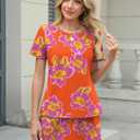 TCOT Pajamas for Women Set Summer Fashion Short Sleeve Crewneck Tops with Skirt Sets Pajama Casual Loungewear (Small, A Orange Purple Floral)