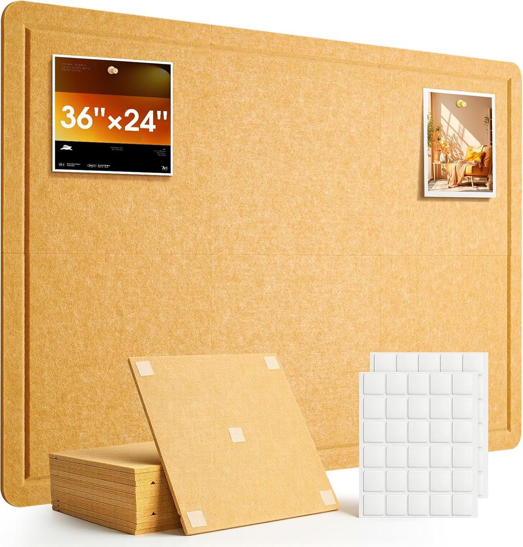Bulletin Board, 36 x 24 inches Cork Board Alternative, 6 Pack Felt Pin Boards for Walls Home Office Decor, Classroom with 30 Adhesive Tabs Longan Yellow