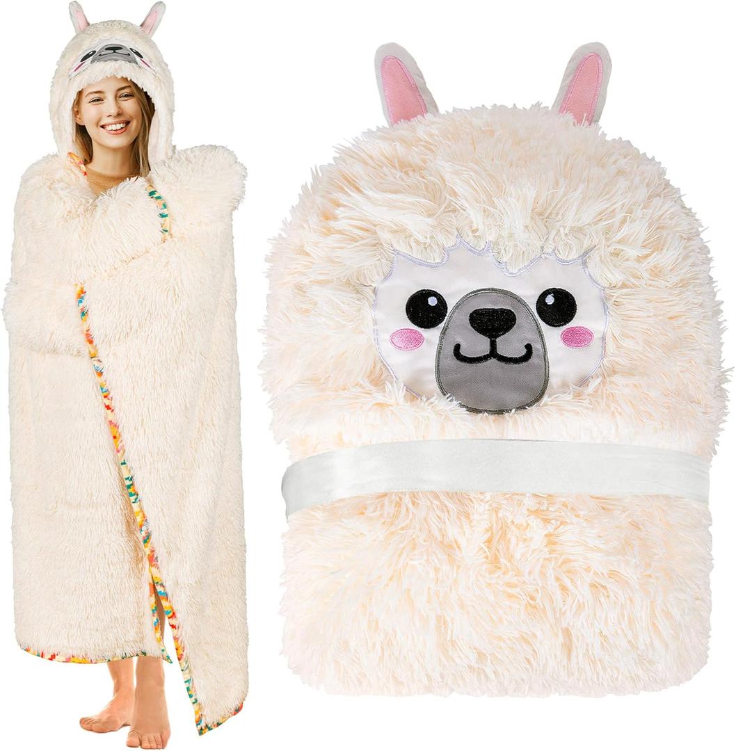 Llama Alpaca Wearable Hooded Blanket for Adults - Fluffy Super Soft Shaggy Faux Fur, Fuzzy Warm Cozy Plush Furry Fleece & Sherpa Hoodie Throw Cloak Wrap - Llama Gifts for Women Adults and Kids (Cream)